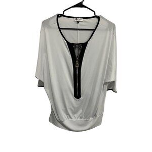 K Woman Black Trim Front Zipper Lace Inset Batwing Top Size XL Chic Edgy